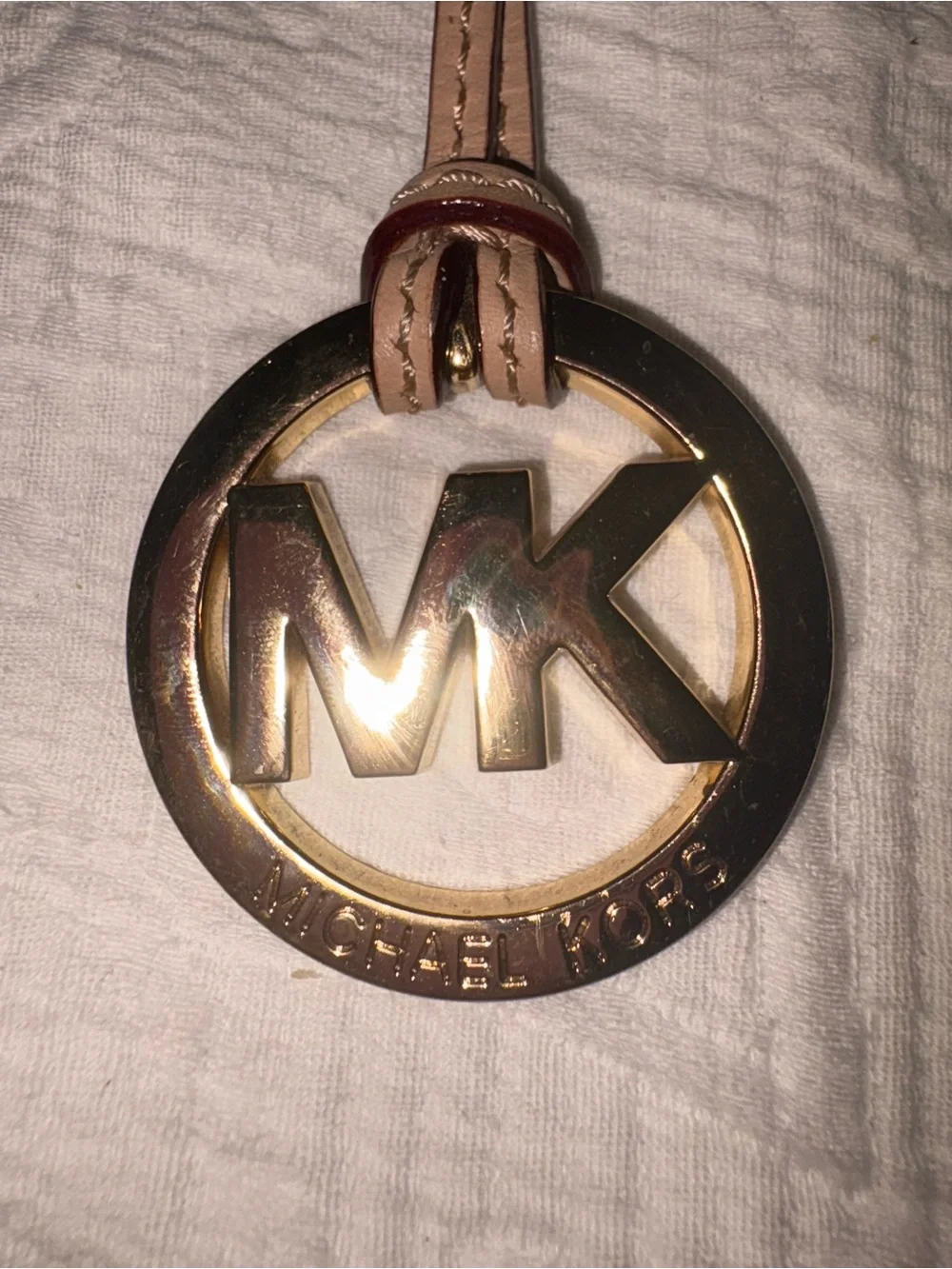 Michael Kors Beige Leather MK Logo Hanging Keyring Charm with Gold-Tone Emblem